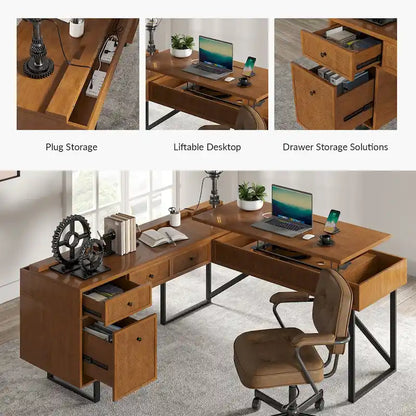 Bureau de direction industriel Alfons en forme de L avec plateau relevable en rotin, tiroirs et prises intégrées, par HULALA HOME