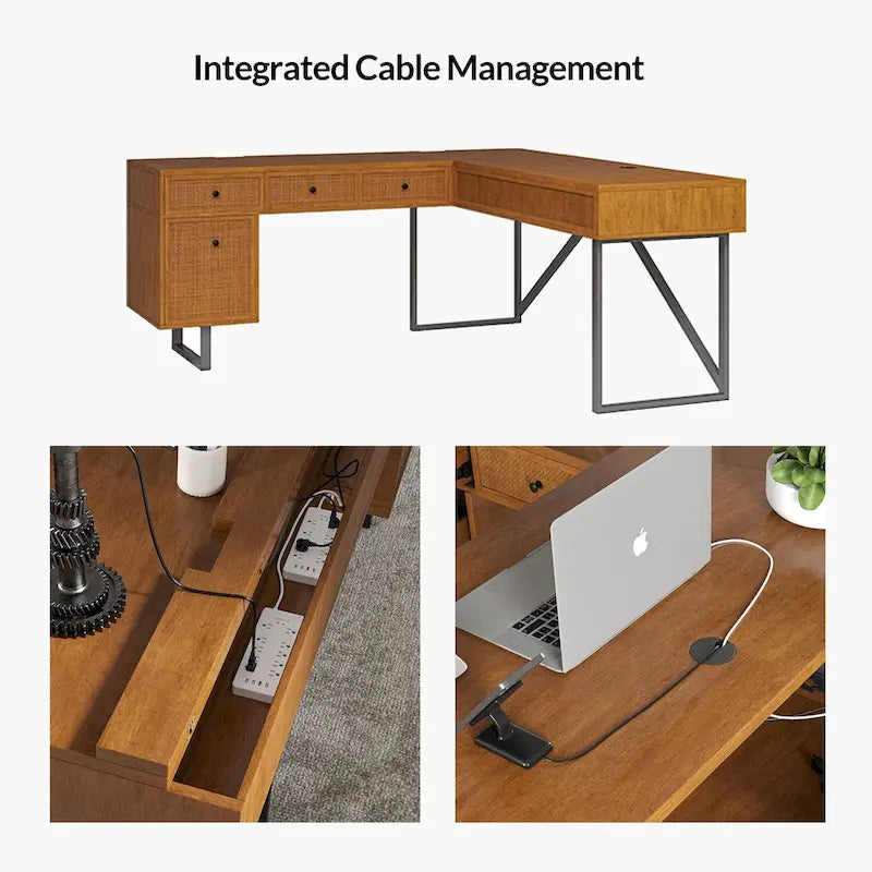 Bureau de direction industriel Alfons en forme de L avec plateau relevable en rotin, tiroirs et prises intégrées, par HULALA HOME