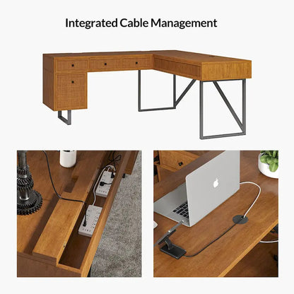 Bureau de direction industriel Alfons en forme de L avec plateau relevable en rotin, tiroirs et prises intégrées, par HULALA HOME