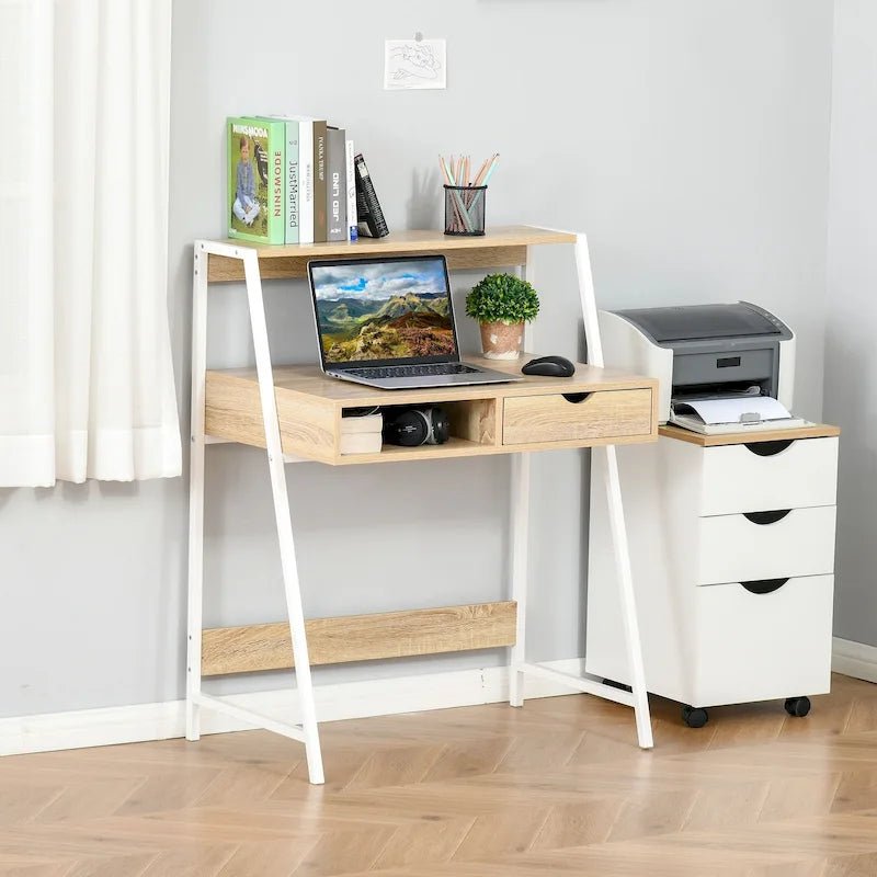 Bureau informatique HOMCOM pour petits espaces, bureau d'écolier, bureau d'angle avec tiroir et étagères de rangement