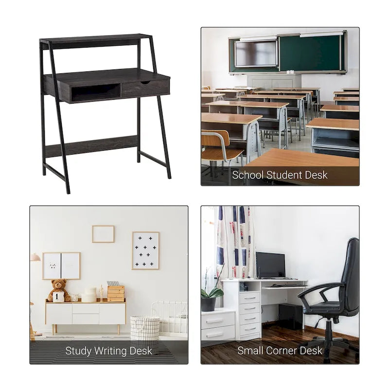 Bureau informatique HOMCOM pour petits espaces, bureau d'écolier, bureau d'angle avec tiroir et étagères de rangement