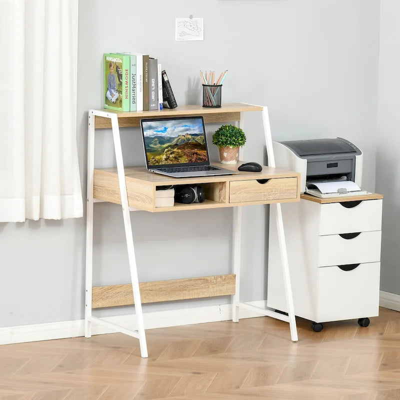 Bureau informatique HOMCOM pour petits espaces, bureau d'écolier, bureau d'angle avec tiroir et étagères de rangement