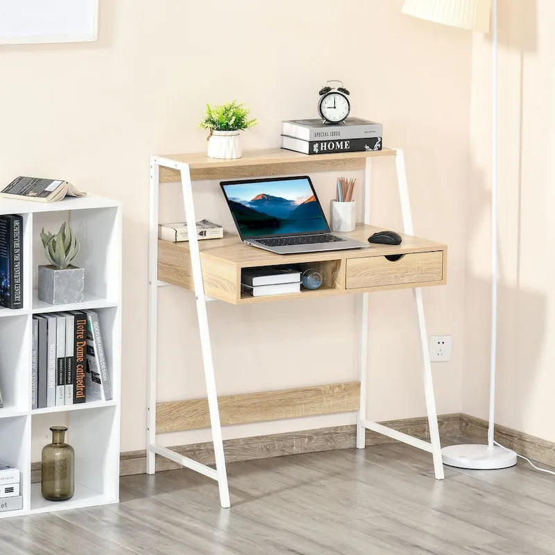 Bureau informatique HOMCOM pour petits espaces, bureau d'écolier, bureau d'angle avec tiroir et étagères de rangement