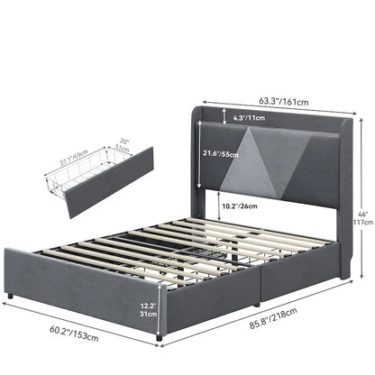 Cadre de lit Moasis Queen avec 4 tiroirs de rangement et tête de lit à oreilles