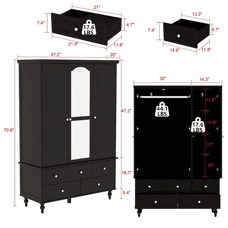 Armoire-penderie laquée de 70,9 cm de haut, placard en bois avec porte miroir