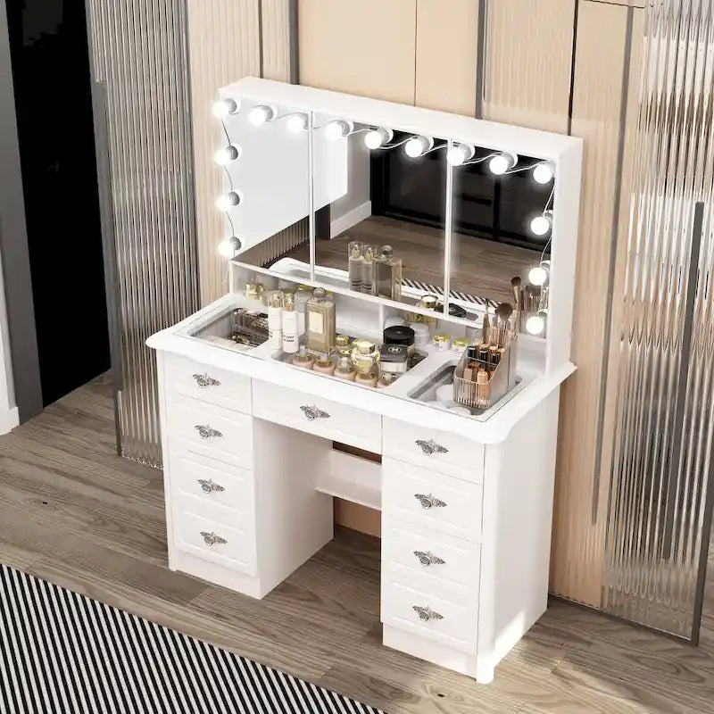 Modern White Makeup Vanity Fold Mirror Adjustable Lighting Dressing - 40.2 x54.1 