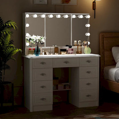 Miroir de maquillage pliable blanc moderne avec éclairage réglable - 40,2 x 54,1