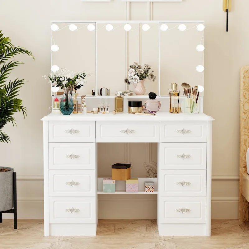 Miroir de maquillage pliable blanc moderne avec éclairage réglable - 40,2 x 54,1