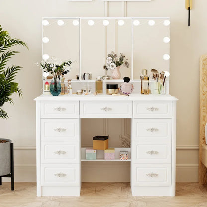 Miroir de maquillage pliable blanc moderne avec éclairage réglable - 40,2 x 54,1