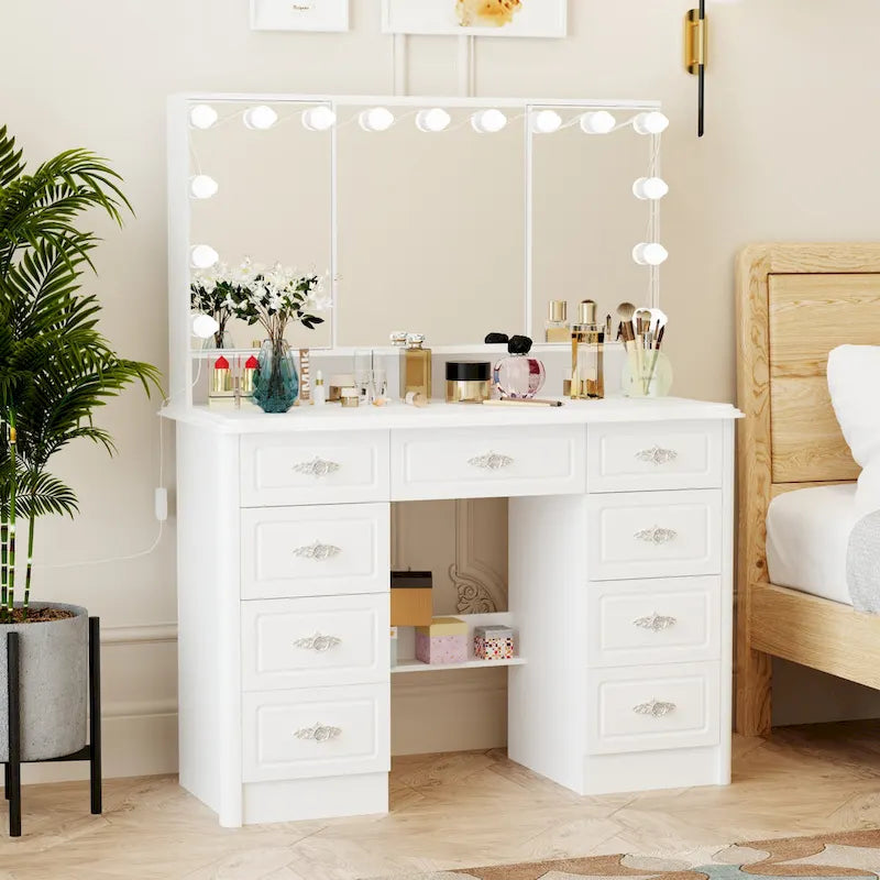 Miroir de maquillage pliable blanc moderne avec éclairage réglable - 40,2 x 54,1