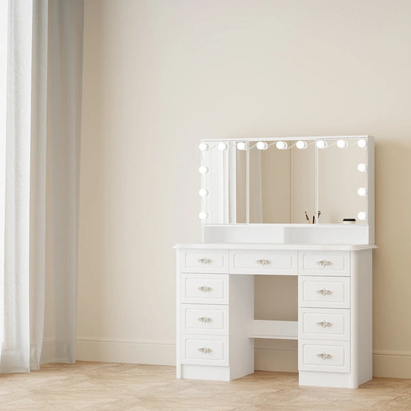 Miroir de maquillage pliable blanc moderne avec éclairage réglable - 40,2 x 54,1