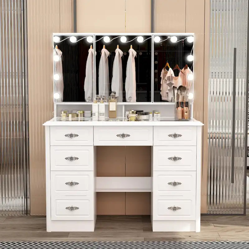 Miroir de maquillage pliable blanc moderne avec éclairage réglable - 40,2 x 54,1