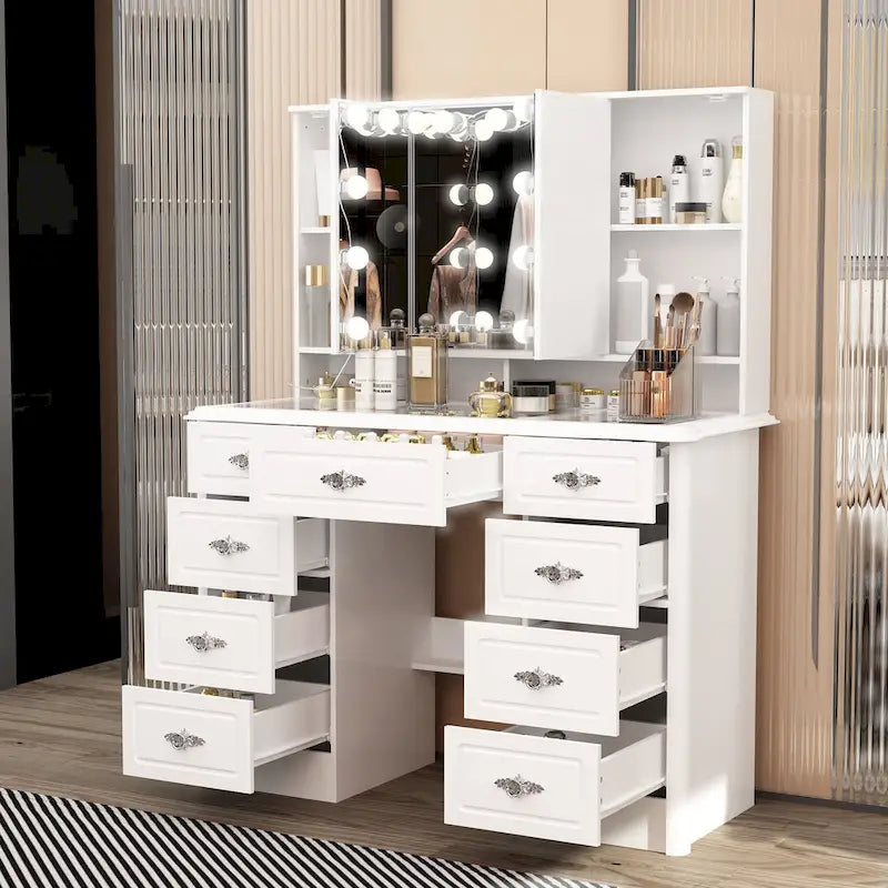 Miroir de maquillage pliable blanc moderne avec éclairage réglable - 40,2 x 54,1