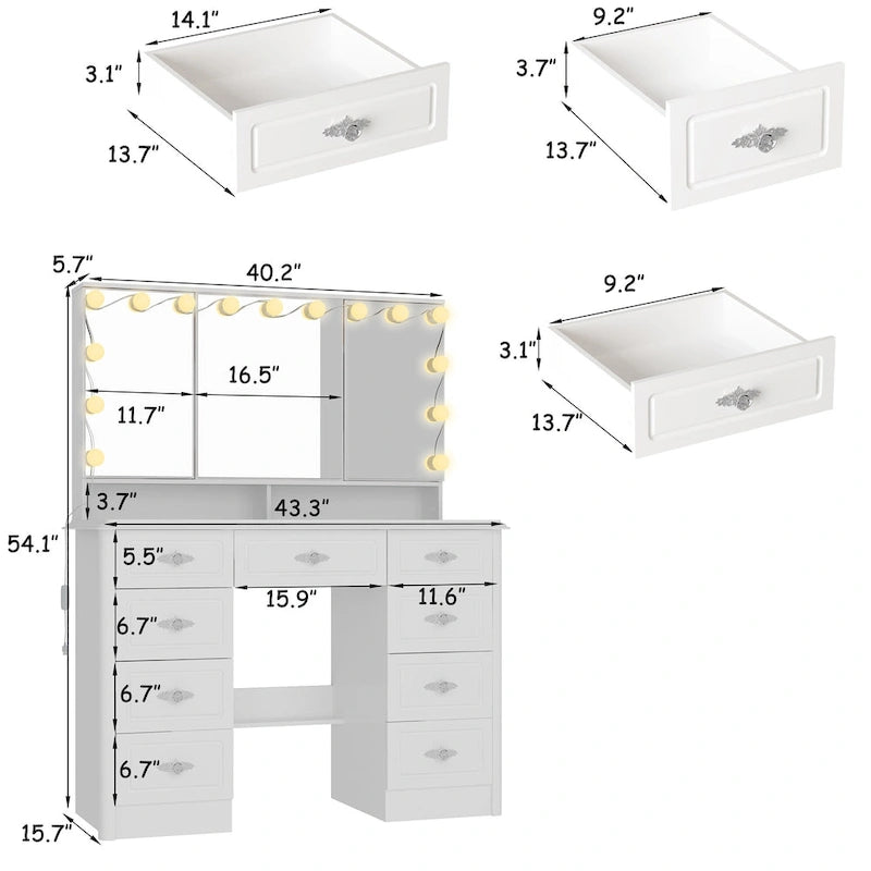 Miroir de maquillage pliable blanc moderne avec éclairage réglable - 40,2 x 54,1