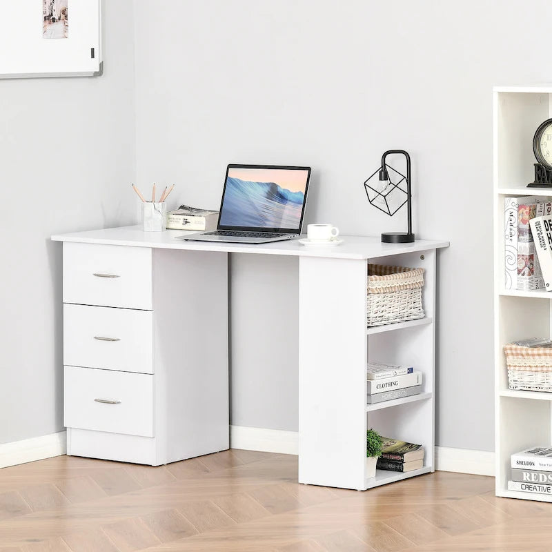 Bureau d'ordinateur HOMCOM 47 moderne pour la maison avec bibliothèque intégrée, table de travail, 3 tiroirs et étagère de rangement - Blanc