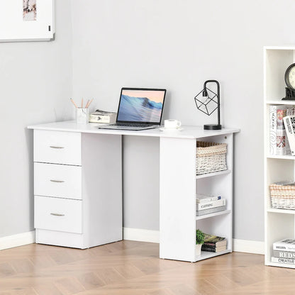 Bureau d'ordinateur HOMCOM 47 moderne pour la maison avec bibliothèque intégrée, table de travail, 3 tiroirs et étagère de rangement - Blanc