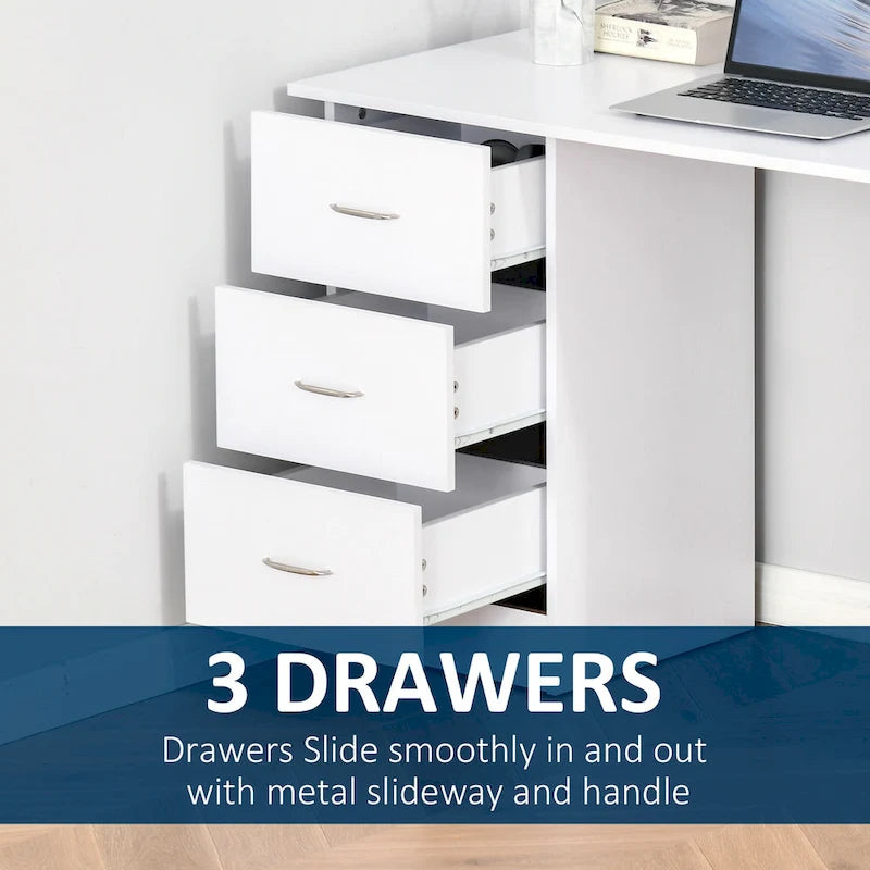 Bureau d'ordinateur HOMCOM 47 moderne pour la maison avec bibliothèque intégrée, table de travail, 3 tiroirs et étagère de rangement - Blanc