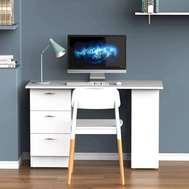 Bureau d'ordinateur HOMCOM 47 moderne pour la maison avec bibliothèque intégrée, table de travail, 3 tiroirs et étagère de rangement - Blanc