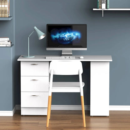 Bureau d'ordinateur HOMCOM 47 moderne pour la maison avec bibliothèque intégrée, table de travail, 3 tiroirs et étagère de rangement - Blanc