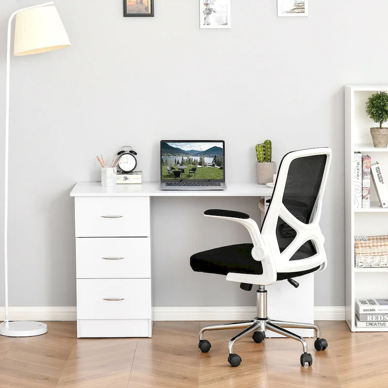 Bureau d'ordinateur HOMCOM 47 moderne pour la maison avec bibliothèque intégrée, table de travail, 3 tiroirs et étagère de rangement - Blanc