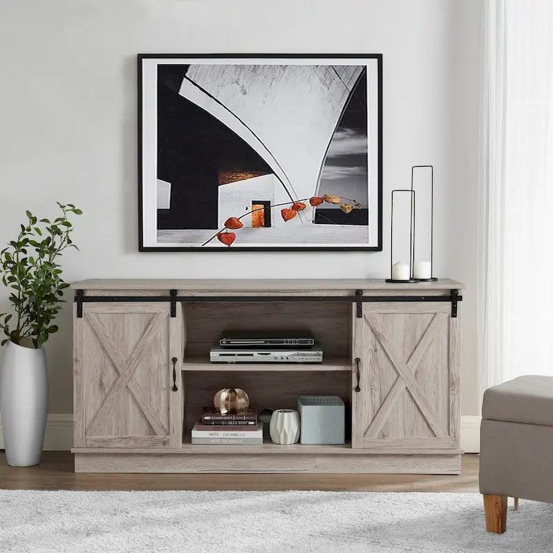 Farmhouse Rustic Wooden 60  TV Stand with Storage Console Cabinet, Sliding Barn Doors Entertainment Center