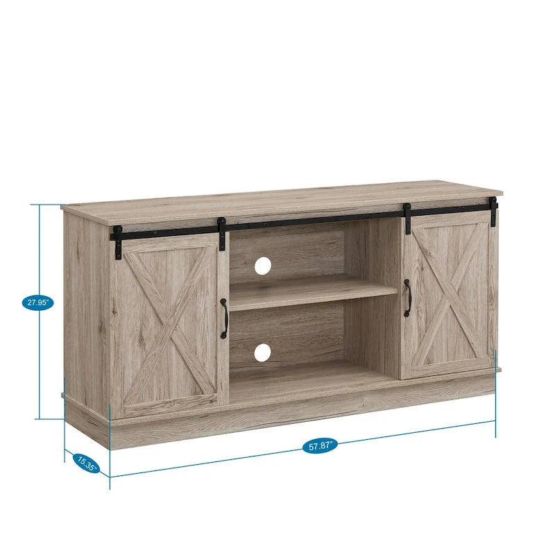 Meuble TV rustique en bois de style ferme, 60 pouces, avec console de rangement et portes coulissantes de style grange.