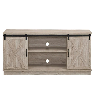 Meuble TV rustique en bois de style ferme, 60 pouces, avec console de rangement et portes coulissantes de style grange.