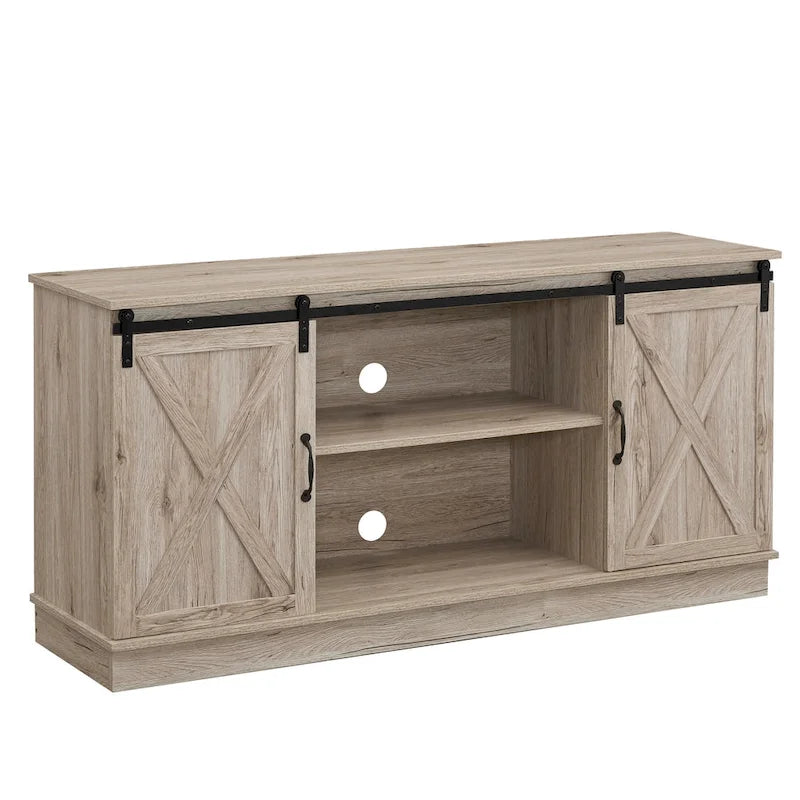 Meuble TV rustique en bois de style ferme, 60 pouces, avec console de rangement et portes coulissantes de style grange.