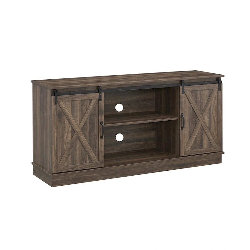 Meuble TV rustique en bois de style ferme, 60 pouces, avec console de rangement et portes coulissantes de style grange.