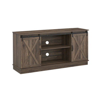 Meuble TV rustique en bois de style ferme, 60 pouces, avec console de rangement et portes coulissantes de style grange.