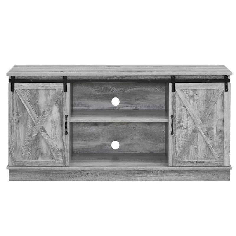 Meuble TV rustique en bois de style ferme, 60 pouces, avec console de rangement et portes coulissantes de style grange.