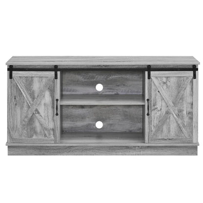 Meuble TV rustique en bois de style ferme, 60 pouces, avec console de rangement et portes coulissantes de style grange.