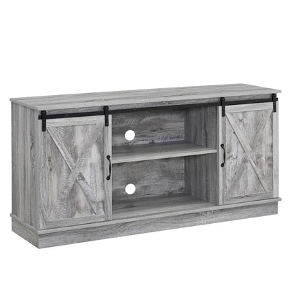 Meuble TV rustique en bois de style ferme, 60 pouces, avec console de rangement et portes coulissantes de style grange.