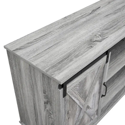 Meuble TV rustique en bois de style ferme, 60 pouces, avec console de rangement et portes coulissantes de style grange.