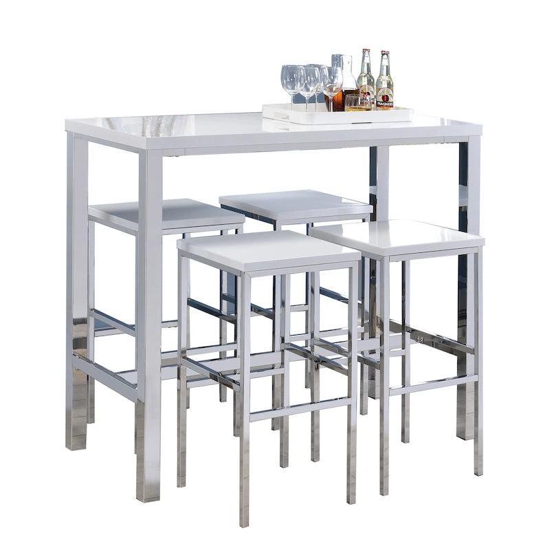 Ensemble de salle à manger 5 pièces hauteur bar, blanc et chrome