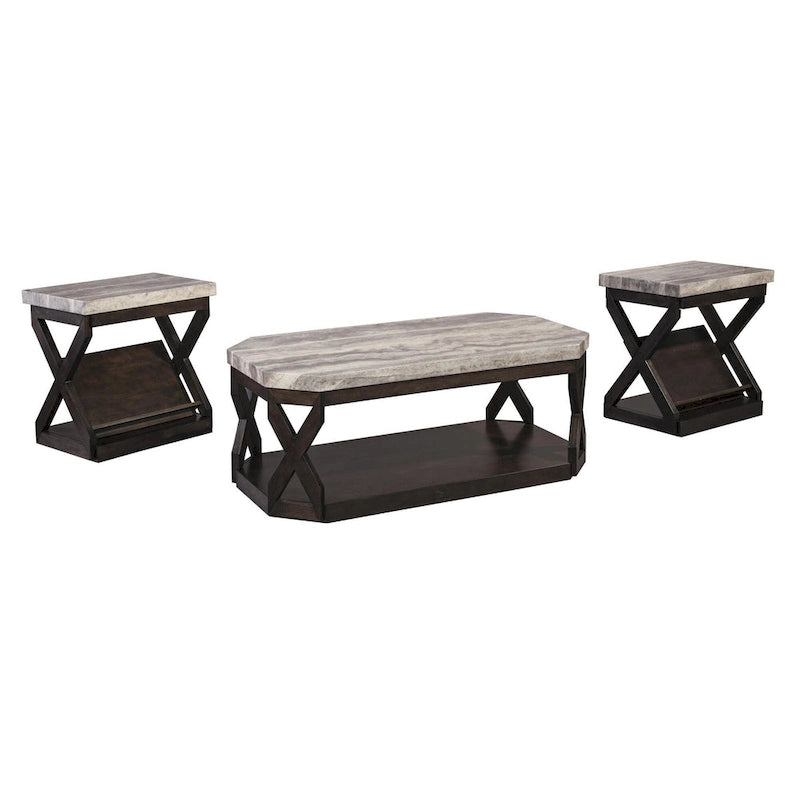 Ensemble de table en faux marbre comprenant 1 table basse et 2 tables d'appoint, gris et marron