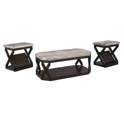 Ensemble de table en faux marbre comprenant 1 table basse et 2 tables d'appoint, gris et marron