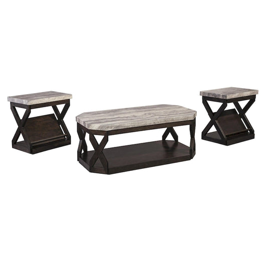 Ensemble de table en faux marbre comprenant 1 table basse et 2 tables d'appoint, gris et marron