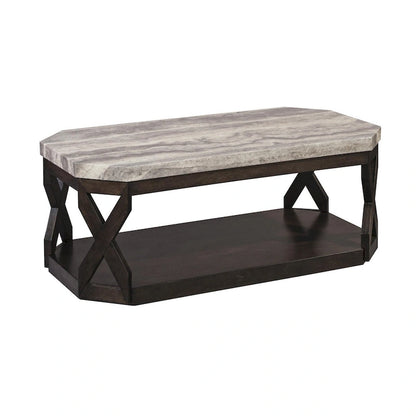 Ensemble de table en faux marbre comprenant 1 table basse et 2 tables d'appoint, gris et marron
