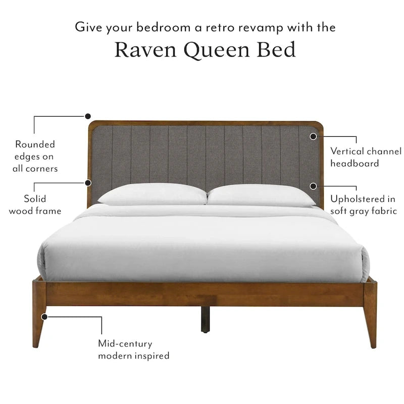 Cadre de lit plateforme queen en bois de noyer recouvert de tissu gris corbeau