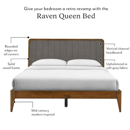 Cadre de lit plateforme queen en bois de noyer recouvert de tissu gris corbeau