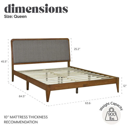 Cadre de lit plateforme queen en bois de noyer recouvert de tissu gris corbeau