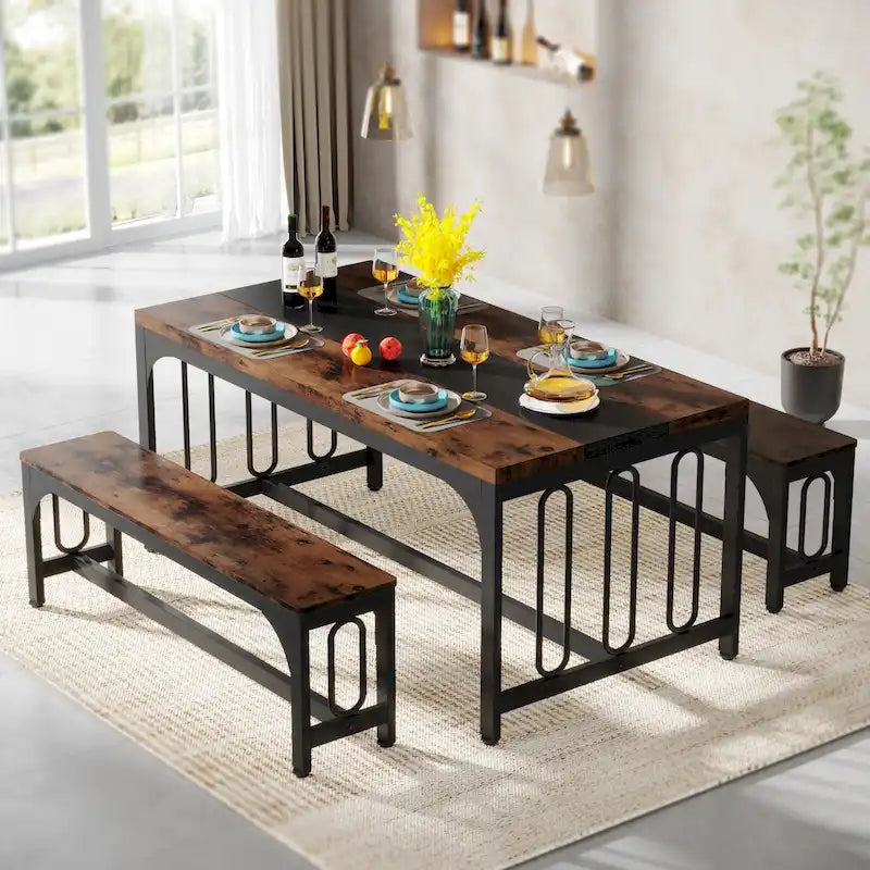 Ensemble table et chaises de salle à manger 55 pouces pour 4 à 6 personnes, table de cuisine 3 pièces style ferme avec 2 bancs, ensemble table et banc de coin repas