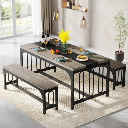 55  Dinning Room Table Set for 4-6, Farmhouse 3-Piece Kitchen Table with 2 Benches,BreakfastNook Bench KitchenNookTableSet