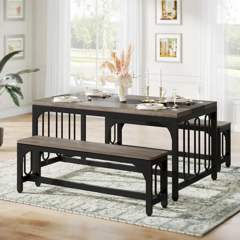 Ensemble table et chaises de salle à manger 55 pouces pour 4 à 6 personnes, table de cuisine 3 pièces style ferme avec 2 bancs, ensemble table et banc de coin repas