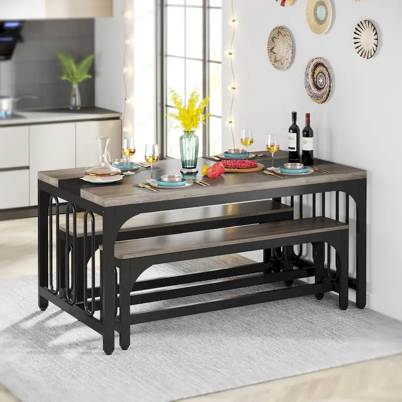 Ensemble table et chaises de salle à manger 55 pouces pour 4 à 6 personnes, table de cuisine 3 pièces style ferme avec 2 bancs, ensemble table et banc de coin repas