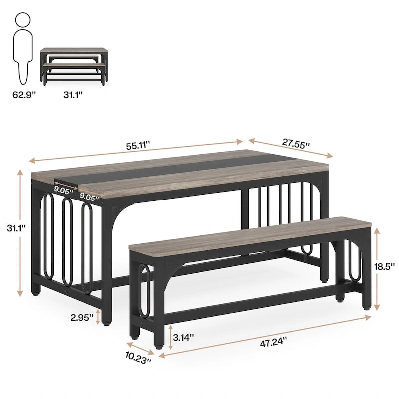 Ensemble table et chaises de salle à manger 55 pouces pour 4 à 6 personnes, table de cuisine 3 pièces style ferme avec 2 bancs, ensemble table et banc de coin repas