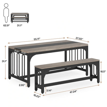 Ensemble table et chaises de salle à manger 55 pouces pour 4 à 6 personnes, table de cuisine 3 pièces style ferme avec 2 bancs, ensemble table et banc de coin repas
