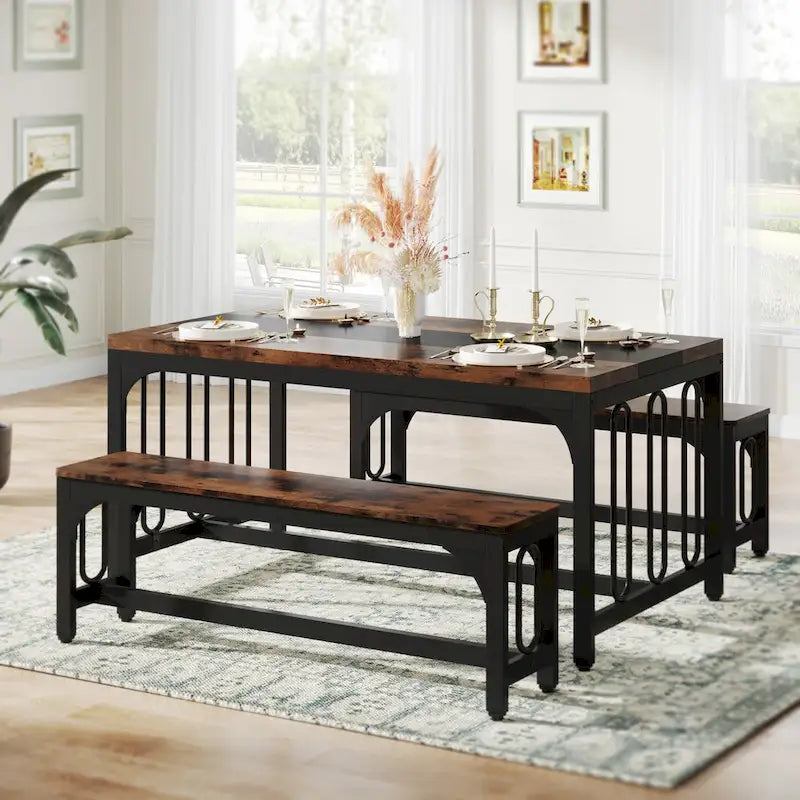 Ensemble table et chaises de salle à manger 55 pouces pour 4 à 6 personnes, table de cuisine 3 pièces style ferme avec 2 bancs, ensemble table et banc de coin repas