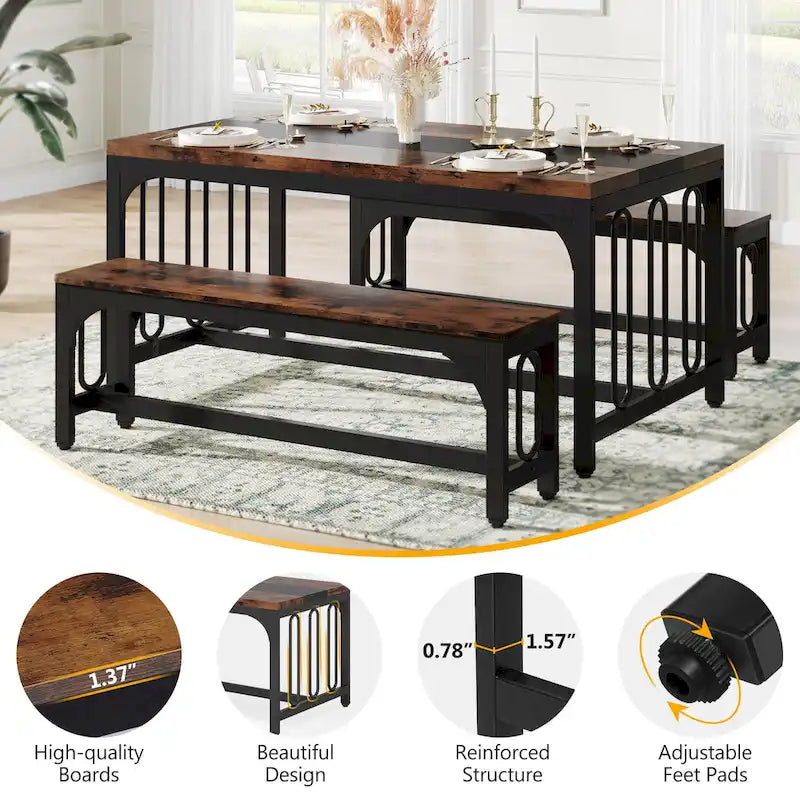 Ensemble table et chaises de salle à manger 55 pouces pour 4 à 6 personnes, table de cuisine 3 pièces style ferme avec 2 bancs, ensemble table et banc de coin repas